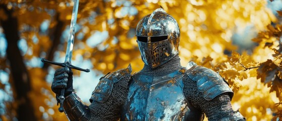 Medieval knight in armor with sword autumn background