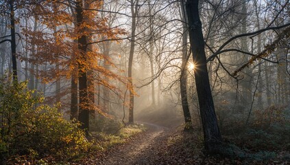 Chilly dawn in woodland during fall