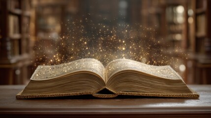 Obraz premium Enchanted open book glowing with magical golden particles in a vintage library, conveying a sense of wonder, imagination, and infinite knowledge exploration.