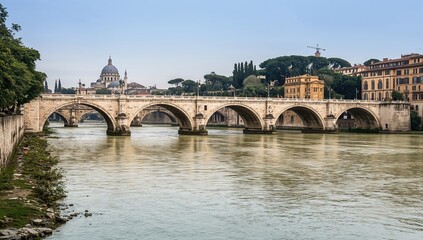 Fototapeta premium Deluge along the river near the historic island, showcasing the view of the ancient synagogue from the water
