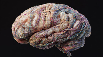 Medical impact of microplastics on brain health shown by colorful neural network illustration with detailed fiber connections and nodes