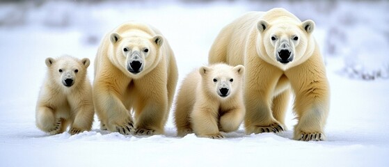 Polar bear family walking in snowy landscape wildlife photography