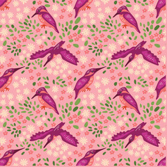 A seamless pattern with small, hand-drawn romantic floral elements and a bird kingfisher. A delicate, pleasant pink background for fabric and textiles. A spring motif with blooming trees and birds.