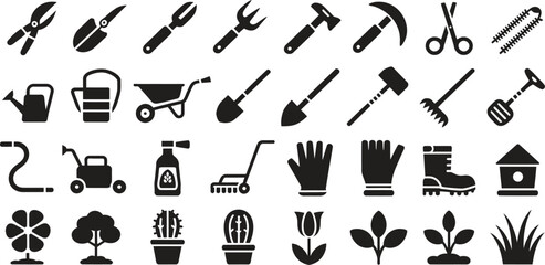 Gardening Tool Vector Icon Set – Plant, Flower, and Equipment Silhouettes for Nature, Farm, and Landscaping