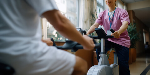 Rehabilitation nurse and patient exercising on stationary bike in hospital rehab room, bright natural light, supportive therapeutic scene