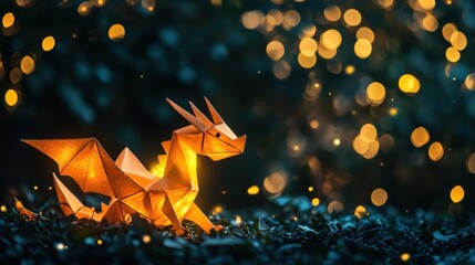 Luminous origami dragon in dark foliage fantasy art