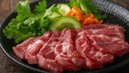 Fototapeta premium Raw meat slices displayed on a dark platter accompanied by fresh vegetables, highlighting gourmet presentation.