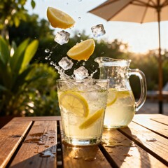 나무테이블위의시원한레모네이드와여름햇살