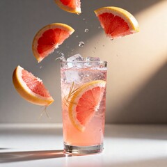 공중에떠있는자몽조각이담긴투명유리컵자몽에이드상업사진