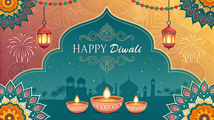 Happy Diwali - festival of lights colorful poster template design with decorative diya lamp illustration sea green design