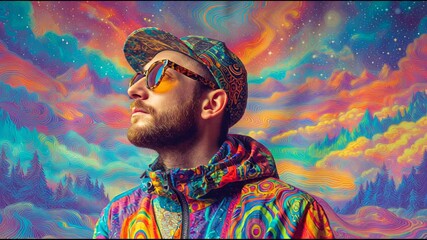Psychedelic fashion portrait of confident man looking up at vibrant, colorful abstract art dream landscape - Powered by Adobe