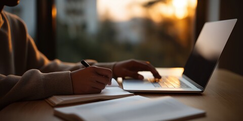 Female adult writing notes on laptop in warm sunset atmosphere