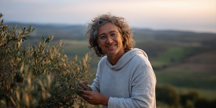 Mature caucasian male enjoying olive harvest in scenic countryside - Powered by Adobe