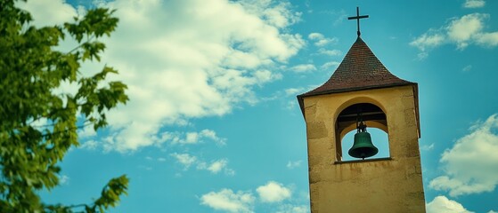 Church bell tower blue sky white clouds peaceful summer daytime scene