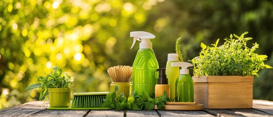 Green cleaning products and herbs on wooden table in sunlight