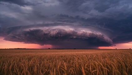 Fototapeta premium Dark clouds gather above golden wheat as cyclones and mesocyclones swirl at dusk