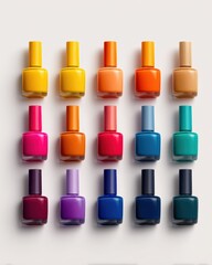 Obraz premium Colorful nail polish bottles arranged in an appealing pattern on a neutral background.