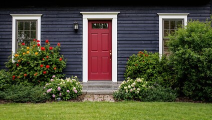 Fototapeta premium A wooden navy blue home with white accents features a vibrant red door surrounded by rich greenery and colorful flowers including hydrangeas and lush grass.