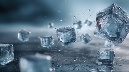 Ultra-Detailed Cinematic Close-Up of Ice Cubes Splashing with Water Droplets in a Dramatic Atmosphere