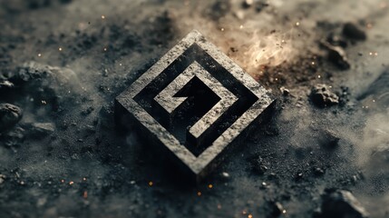 Dark stone maze cube on smoky surface abstract 3 d rendering