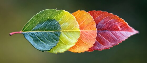 Colorful leaf transitions green to red autumn foliage closeup