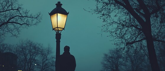 Silhouette person standing near vintage lamppost at dusk