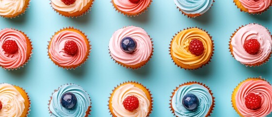 Colorful swirled cupcakes with berries overhead view