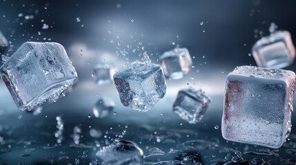 Stunning Ultra-Detailed Visualization of Ice Cubes Splashing in Water with Dramatic Cinematic Lighting Effects