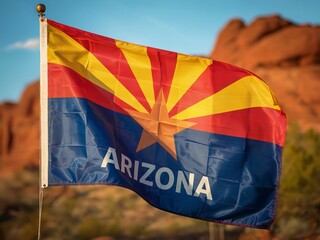 Arizona State Flag Flown Over Desert Landscape With Bright Sunburst And Star Emblem