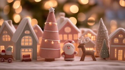 ピンクのクリスマスツリーとサンタ、可愛いフェルトアートの村