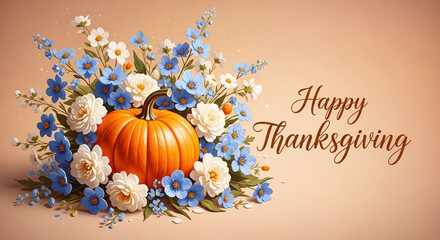 Orange pumpkin surrounded by white and blue flowers, Thanksgiving greeting, creating a festive autumnal arrangement suitable for seasonal greetings or fall-themed designs