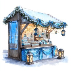 Winter market stall, covered with snow, selling gifts, and decorated with lights