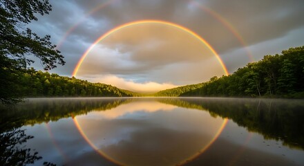 Naklejka premium Serene Lake Sunrise with Golden Arch Reflected in Calm Water.