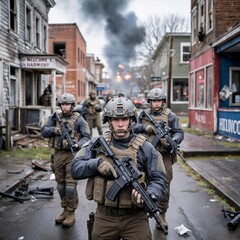 Fototapeta premium Soldiers In Tactical Gear March Through Smoke-Filled Urban Street During Active Conflict