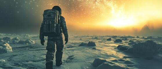 Astronaut walking on icy alien planet surface at golden sunrise
