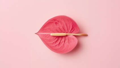 Stunning pink anthurium blossom on a plain backdrop. Overhead perspective. Floral arrangement. Flower pattern. Top-down anthurium bloom.