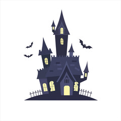 Flat Vector Haunted House with Flying Bats for Halloween Design