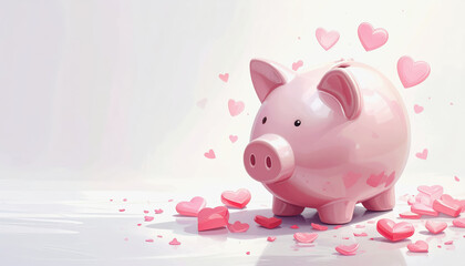 Adorable piggy bank surrounded by small hearts on a clean white background emphasizing love and saving money