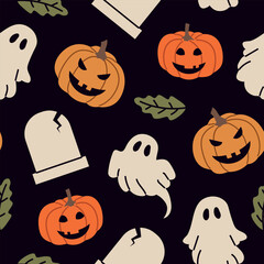 seamless Halloween pattern with Jack o lantern pumpkins, ghosts and grave; perfect for wrapping, greeting cards, decorations, and digital backgrounds - vector illustration