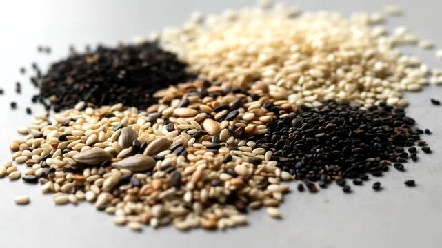 A close-up view of various seeds arranged in a decorative pattern on a table