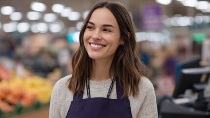 Friendly supermarket employee smiling warmly while serving customers in a busy grocery store environment with colorful fresh produce in the background