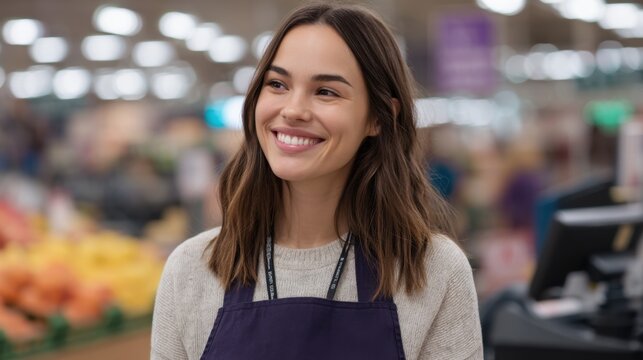 Friendly supermarket employee smiling warmly while serving customers in a busy grocery store environment with colorful fresh produce in the background