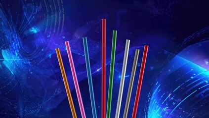 A cluster of sleek rods meeting at the core over a digital abstract backdrop