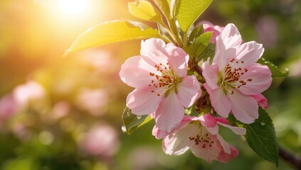 Obraz premium Soft pink apple flowers bloom gently beneath the bright spring sunshine, set against a vibrant green backdrop.
