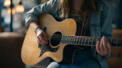 Obraz premium A person playing an acoustic guitar while wearing a denim jacket in a casual setting