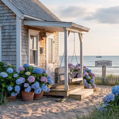Cozy Seaside Cottage With Hydrangeas, Porch Swing, and Ocean View on Sandy Shore