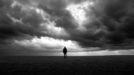 Silhouette of person standing in field under dramatic sky