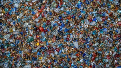 Close-up of colorful crushed glass fragments forming a decorative mulch mosaic, ideal for backgrounds, wallpaper, and flat-lay textures with ample copy space