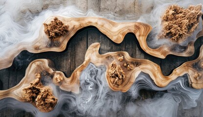 Wooden river flowing with smoke on wooden planks. Concept for a nature layout
