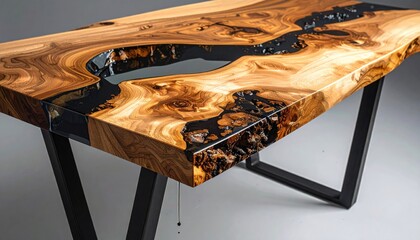 Wooden table with resin river detail on black metal legs, for interior design use